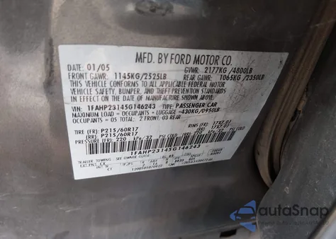 2005 Ford Five Hundred Se from USA, damaged, VIN 1FAHP23145G146243